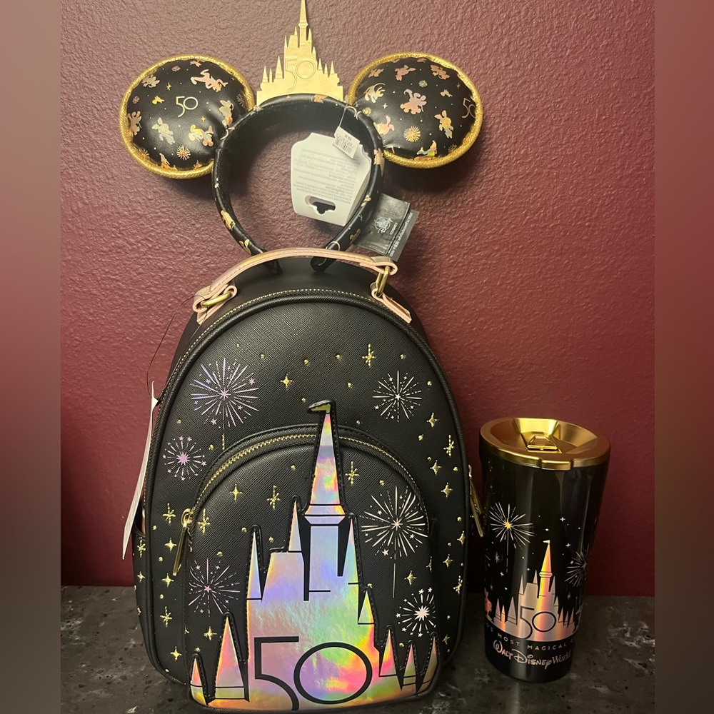 Walt Disney World 50th Loungefly Mini Backpack & Mickey Ears & Corkcicle